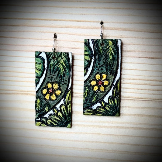 Wooden Rectangle Botanical Arc Earrings | Hand Burned & Painted