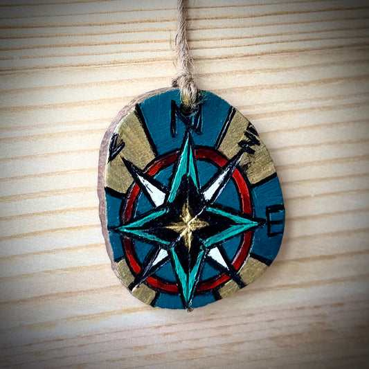 Compass Inspired Woodslice Ornament or Gift Tag | Hand Burned & Painted