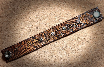 Tooled Leather Cuff Bracelet with Rivet details | Snap Closure