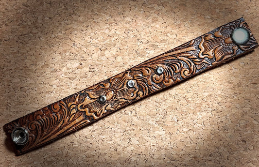 Tooled Leather Cuff Bracelet with Rivet details | Snap Closure
