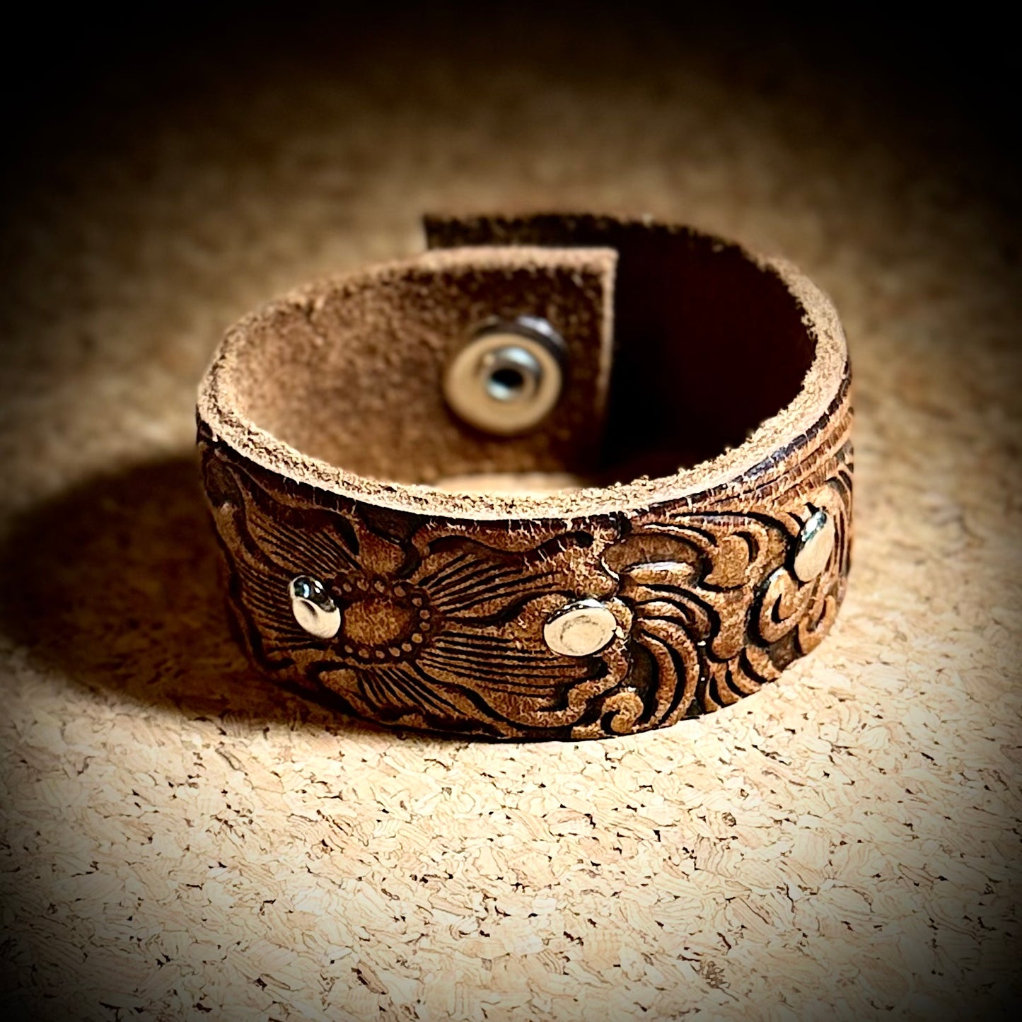 Tooled Leather Cuff Bracelet with Rivet details | Snap Closure