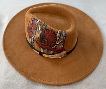 Hand-painted and burned Cardinal & Birch Rancher Hat — Faux Suede — Ember Line