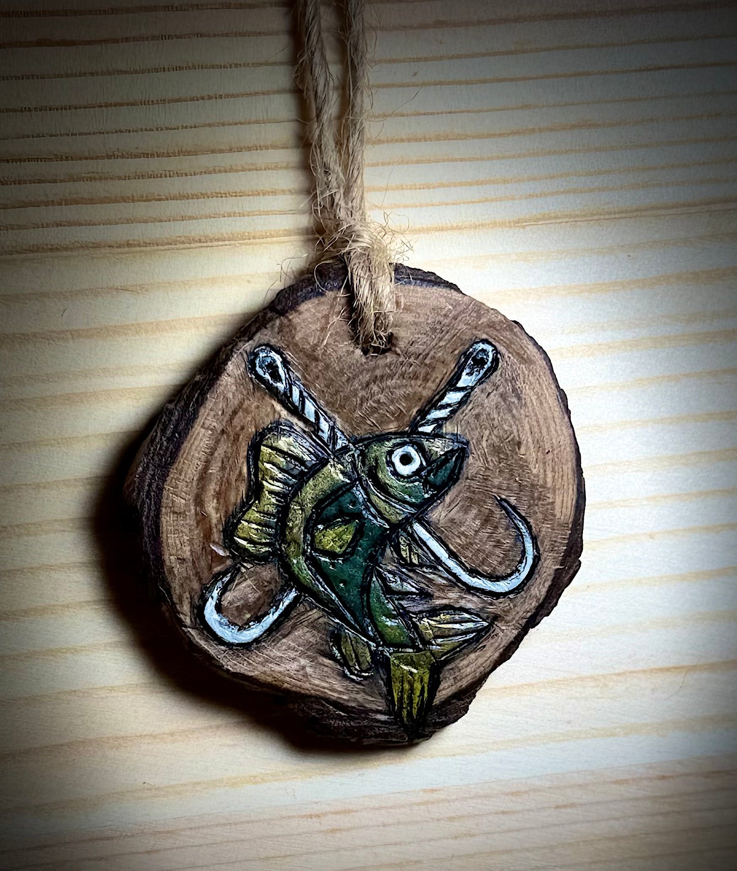Gone Fishing Woodslice Gift Tag or Ornament | Hand Burned & Painted
