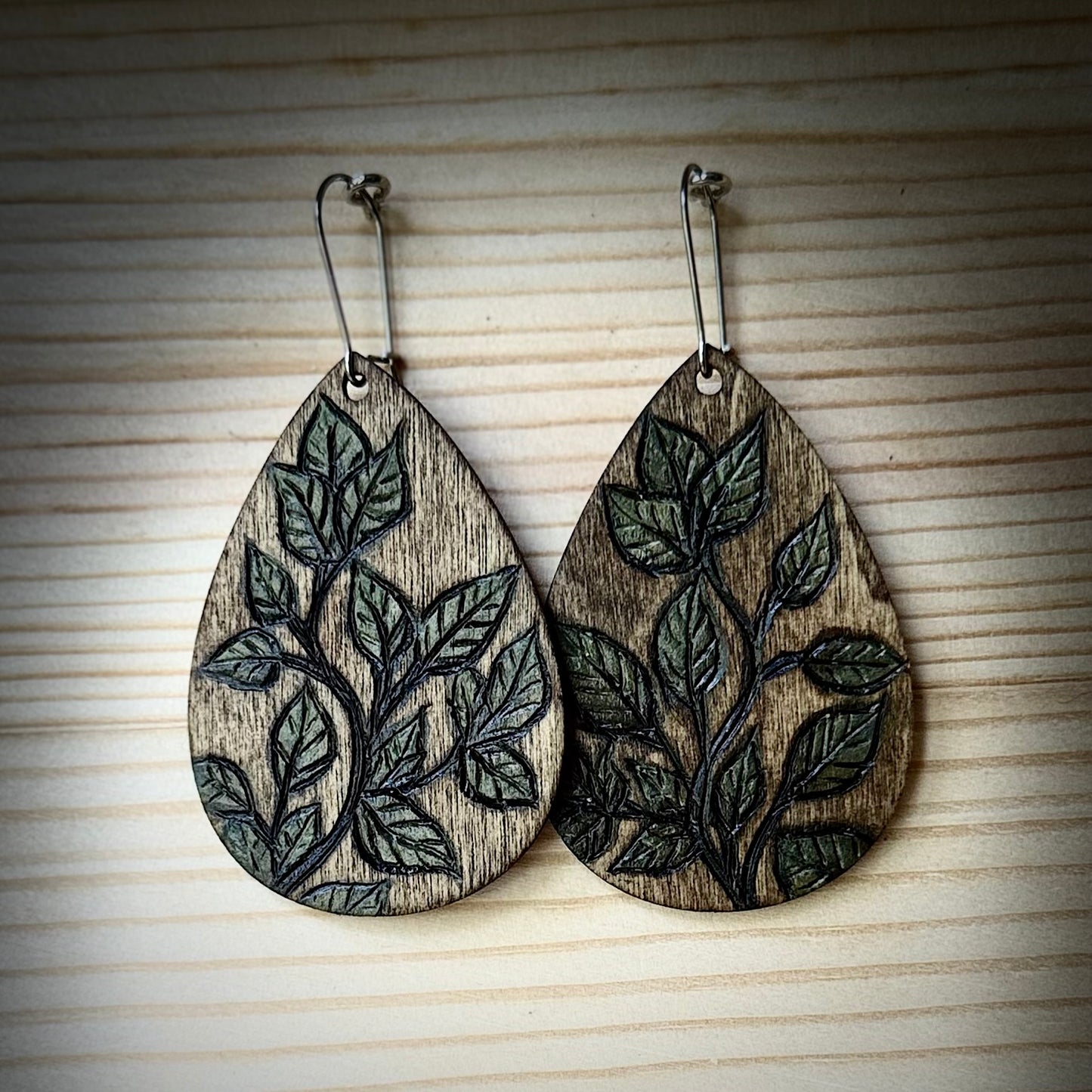 Wooden Green Leaf Teardrop Earrings | Hand Burned & Painted
