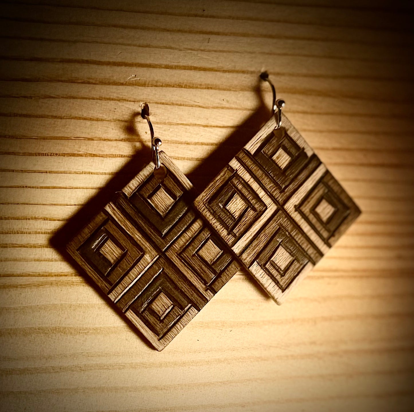 Wooden Geometric Neutral Square Earrings — Hand Burned & Painted