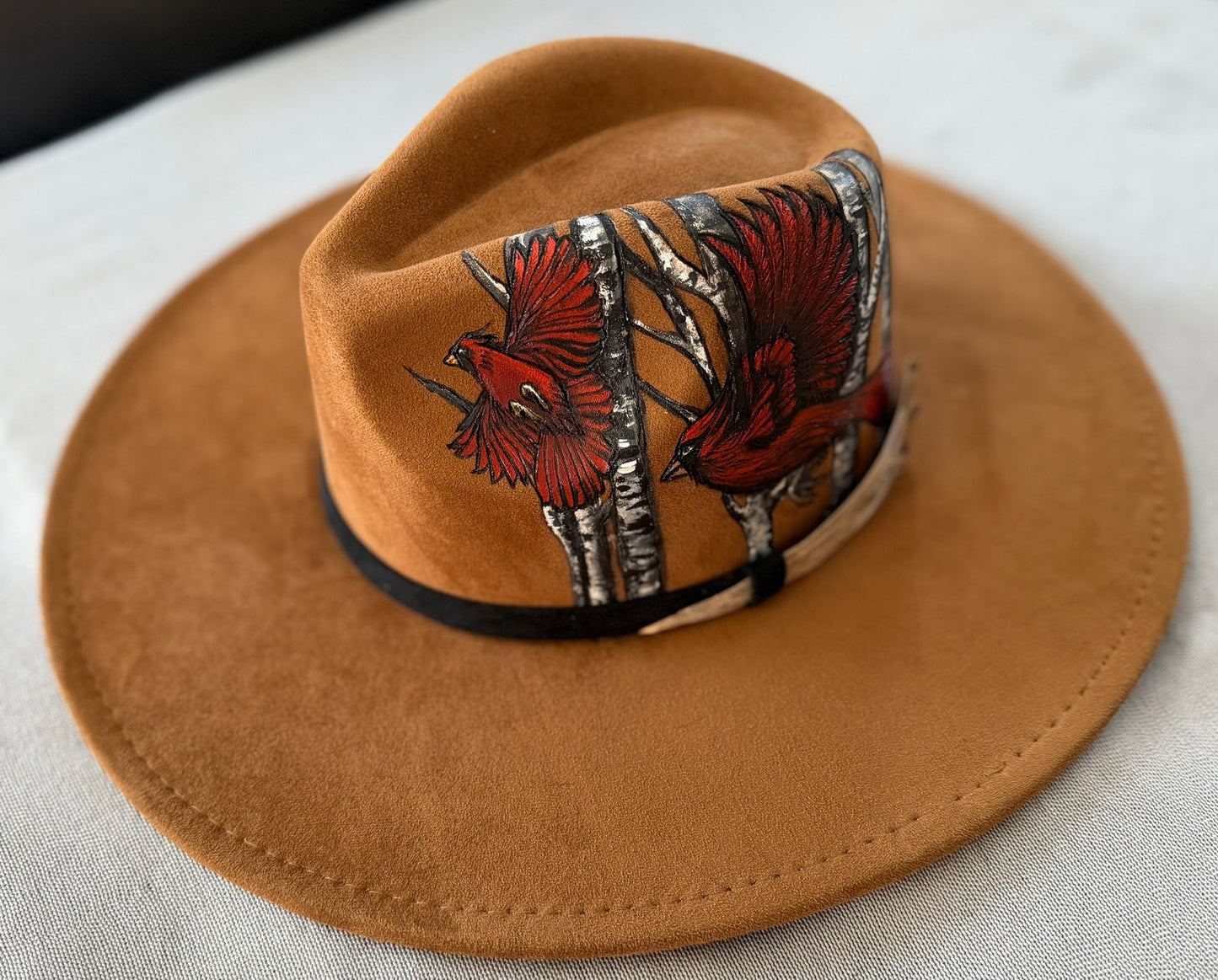 Hand-painted and burned Cardinal & Birch Rancher Hat — Faux Suede — Ember Line
