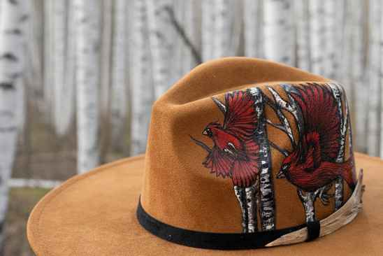 Hand-painted and burned Cardinal & Birch Rancher Hat — Faux Suede — Ember Line
