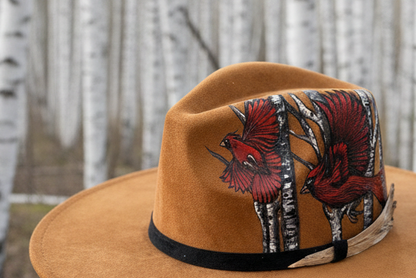 Hand-painted and burned Cardinal & Birch Rancher Hat — Faux Suede — Ember Line