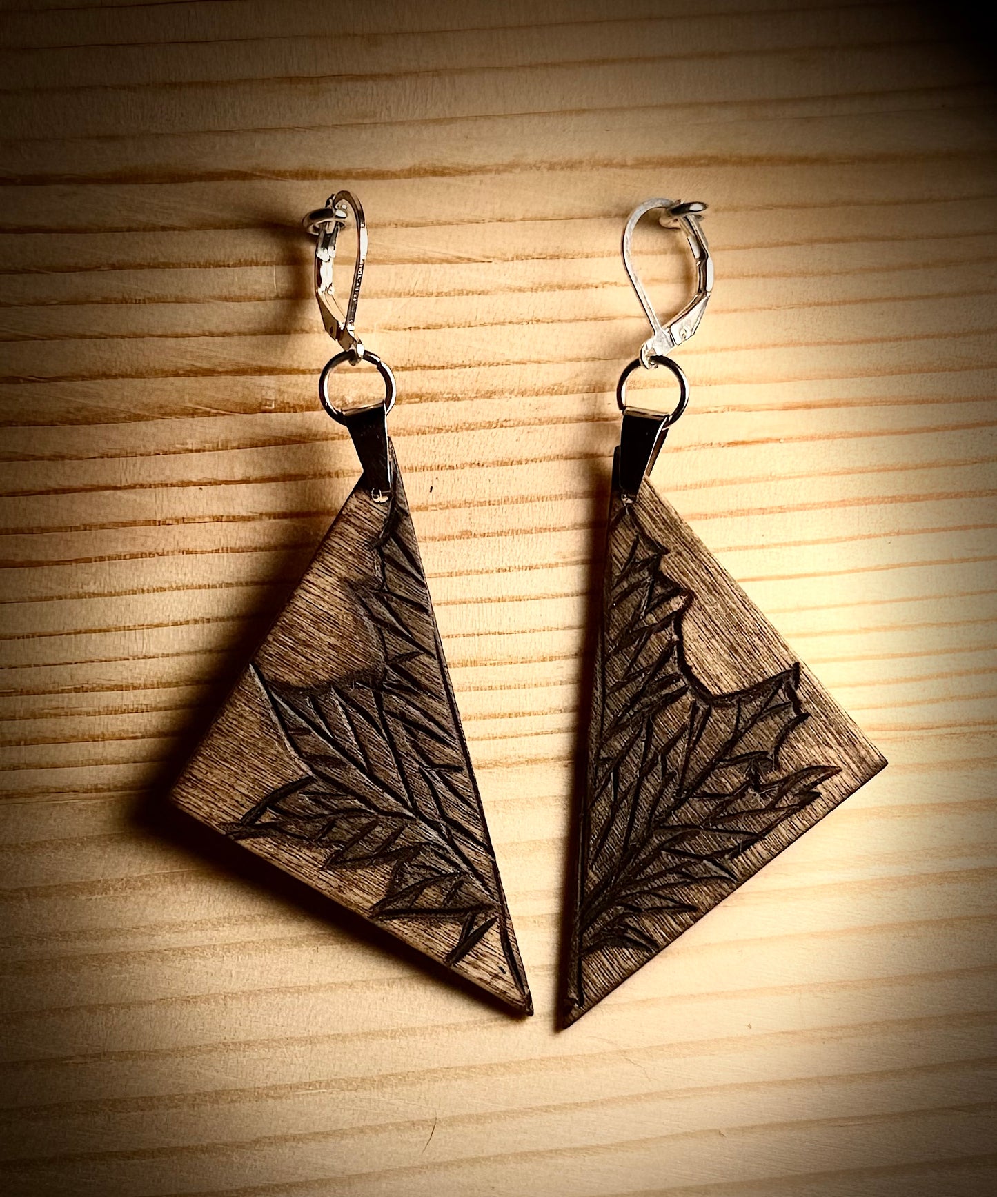 Wooden Triangle Assorted Design Earrings — Hand Burned & Painted — Floral, Nature, Geometric