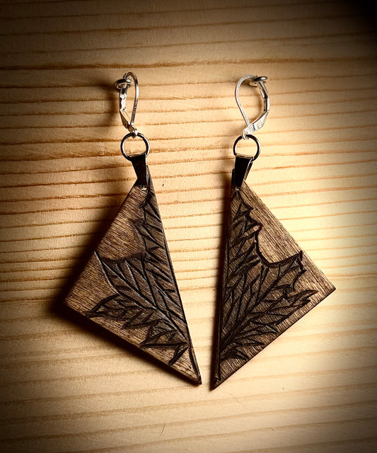 Wooden Triangle Assorted Design Earrings — Hand Burned & Painted — Floral, Nature, Geometric