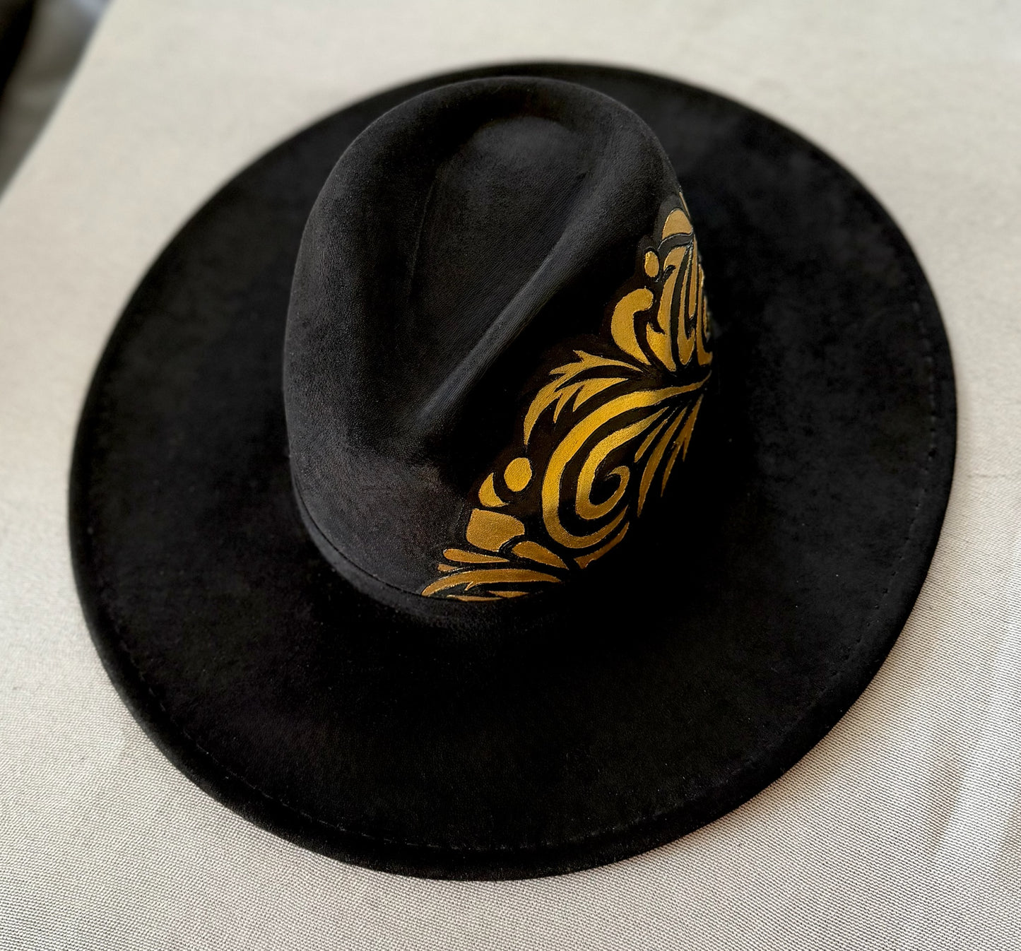 Gold Noir hand-burned & painted hat — Faux Suede — Ember Line