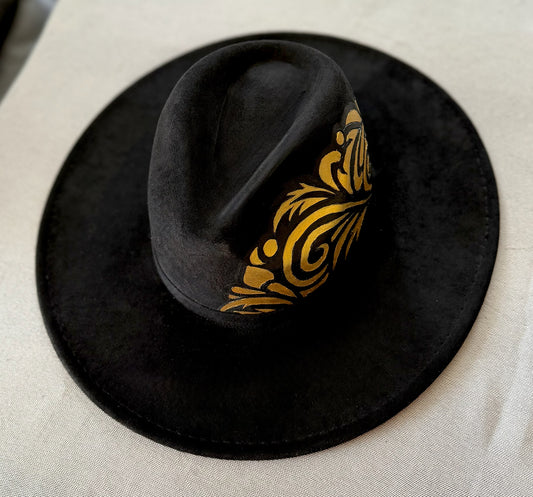 Gold Noir hand-burned & painted fedora — Faux Suede