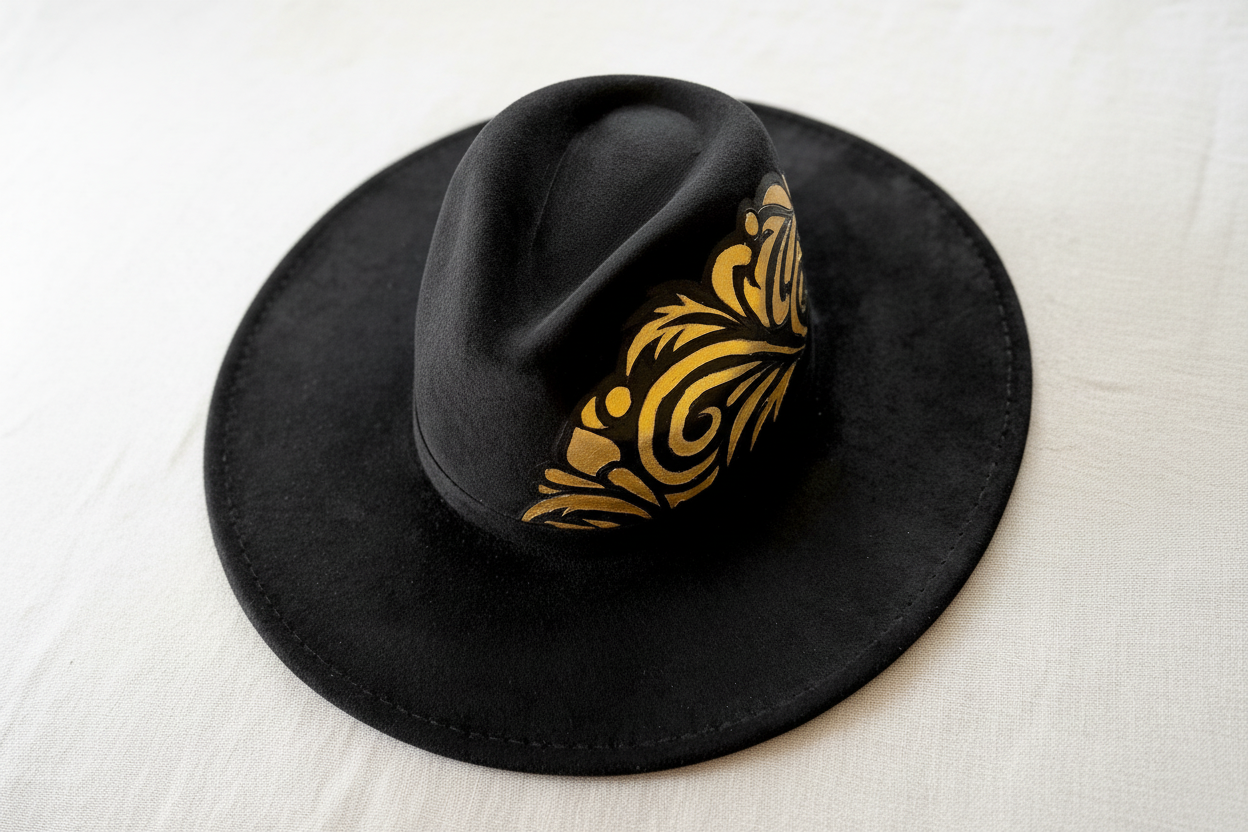 Gold Noir hand-burned & painted hat — Faux Suede — Ember Line