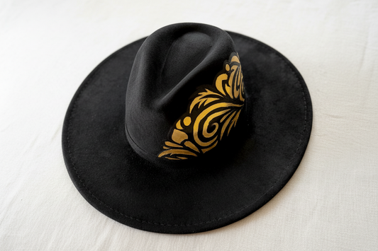 Gold Noir hand-burned & painted hat — Faux Suede — Ember Line