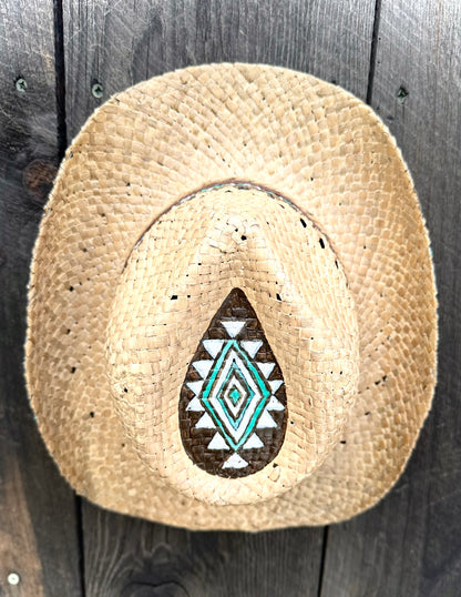Straw Cowboy Hat | Painted Native Aztec designs | Youth/Sm. Adult