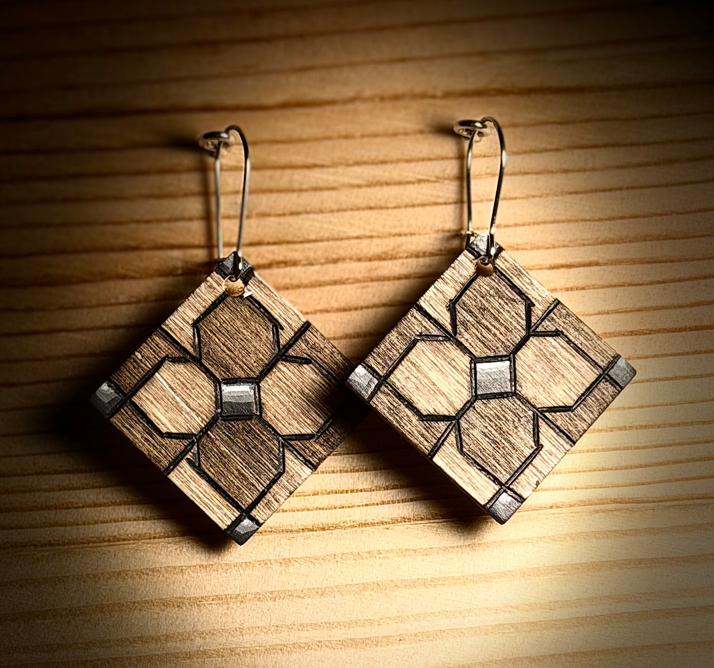Wooden Geometric Neutral Square Earrings — Hand Burned & Painted