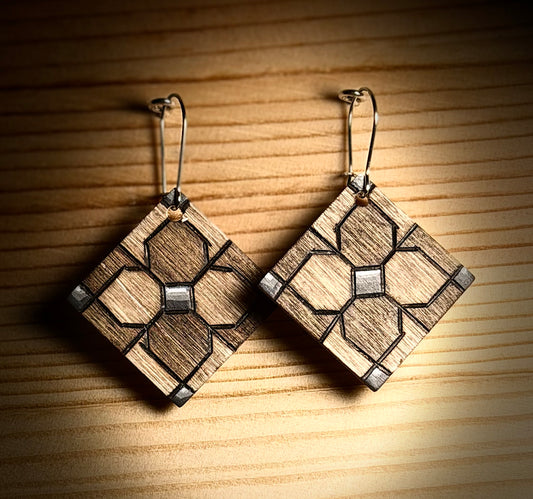 Wooden Geometric Neutral Square Earrings — Hand Burned & Painted