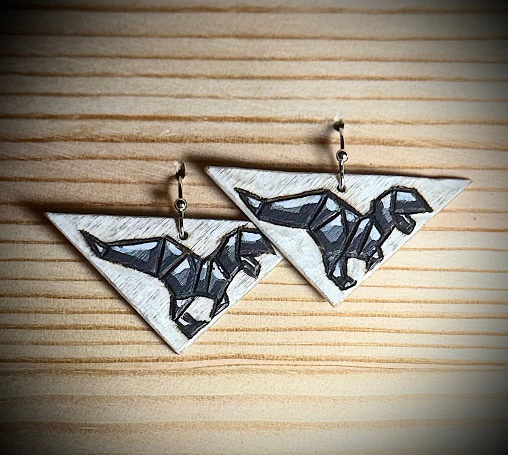 Wooden Geometric T-Rex Triangle Earrings — Hand Burned, etched, & Painted — raised image for 3D look