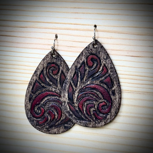 Dark Stained Wooden Teardrop Earrings with Blended Red Design | Hand Burned & Painted