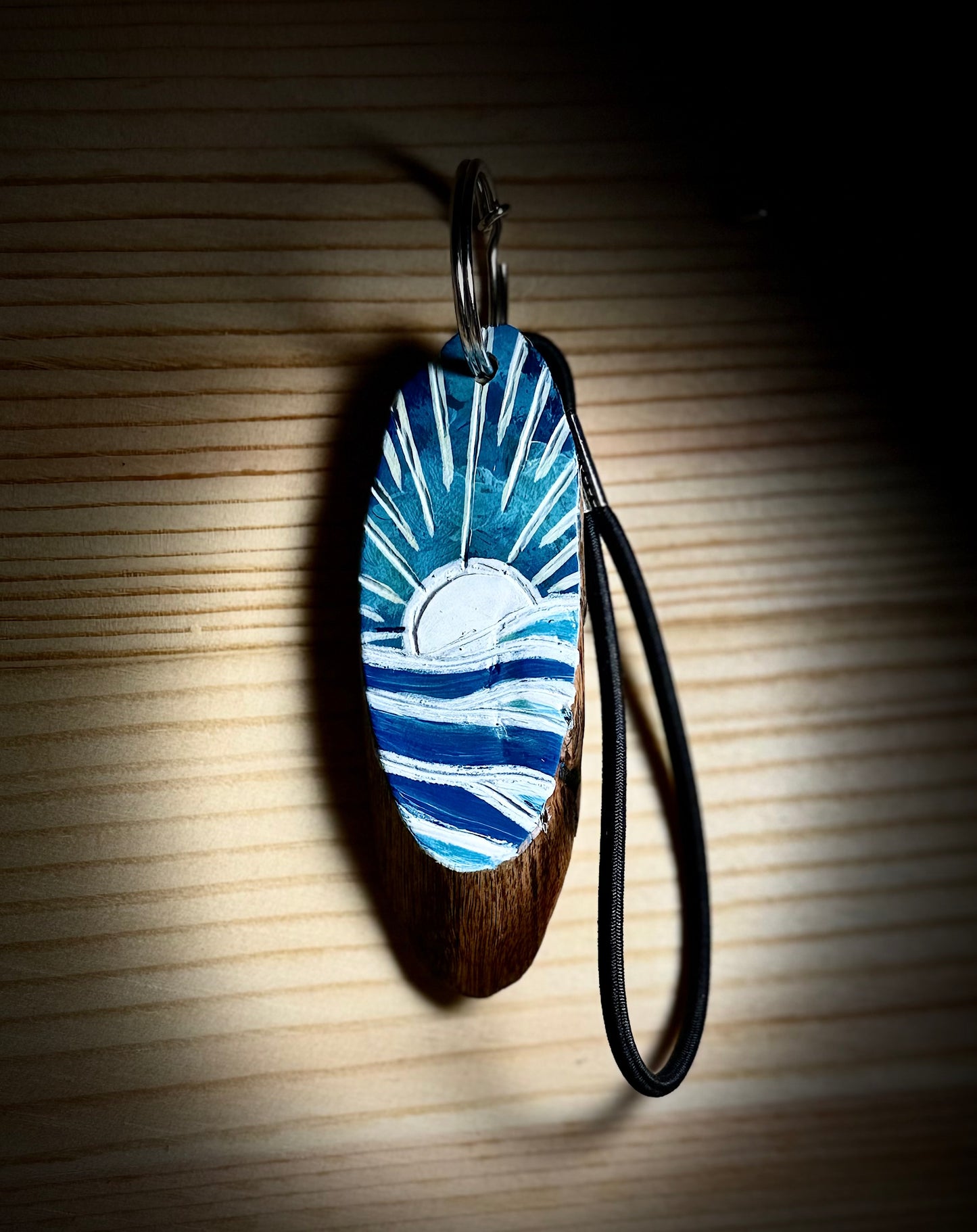 Hand Burned & Painted Oval Ocean Keychain | Slanted Wood Slice