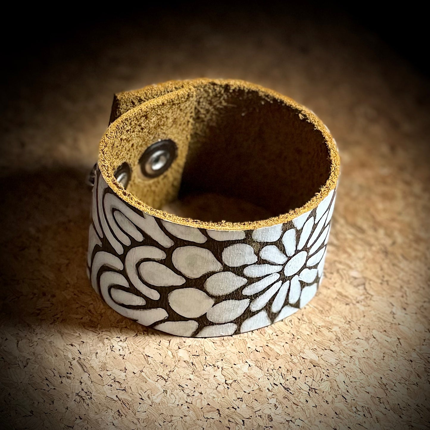 Floral Mandala Painted Leather Cuff Bracelet | Snap Closure