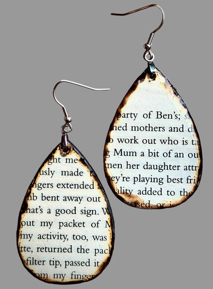 Teardrop Book Page Wood Earrings