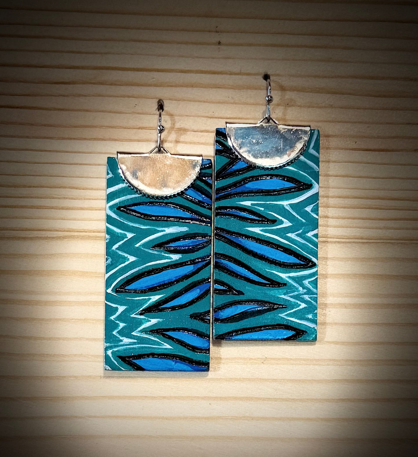 Whimsical Blue Wooden Earrings — Hand Burned & Painted — Artsy design with Clamp & hook