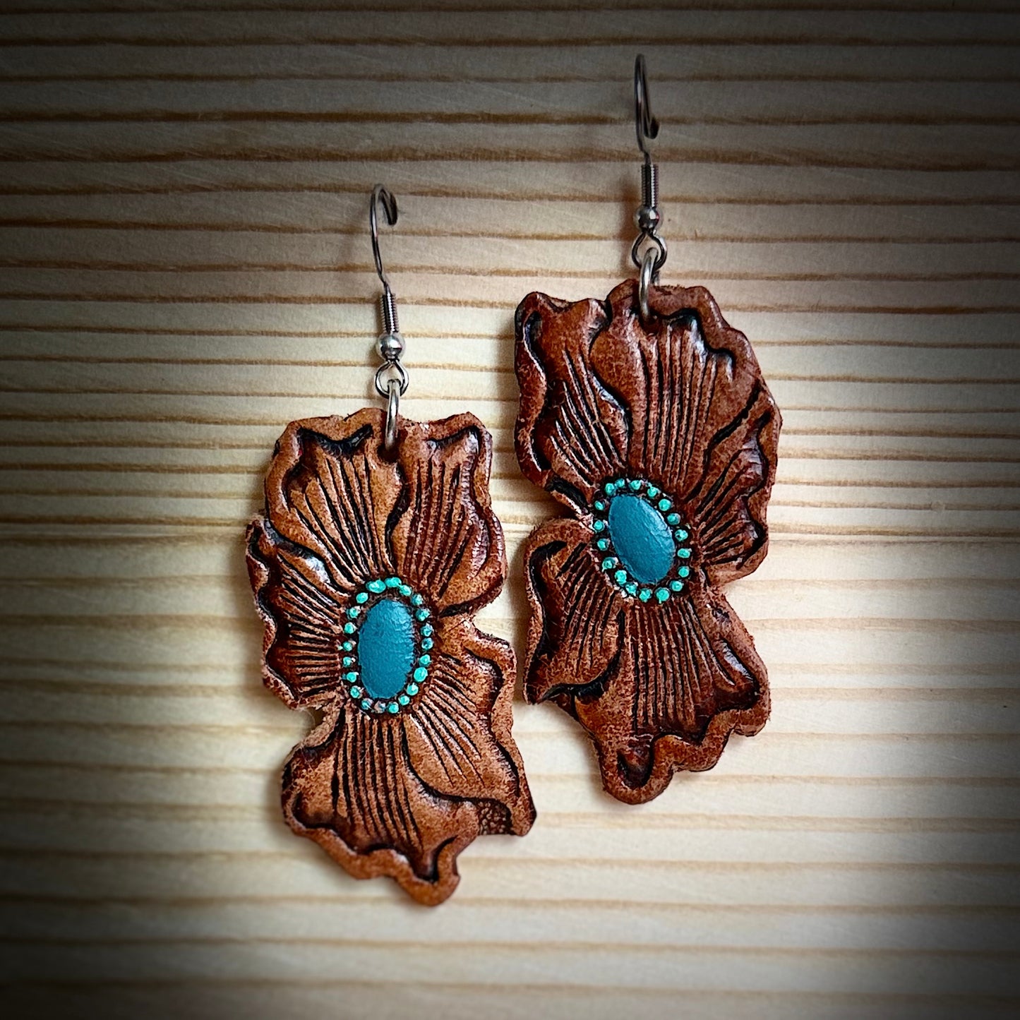 Tooled leather earrings with family florals & turquoise accents