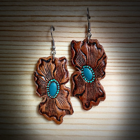 Tooled leather earrings with family florals & turquoise accents