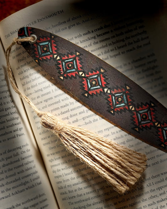 Genuine Leather Oval Bookmark with Native Aztec design | Hand Cut & Painted