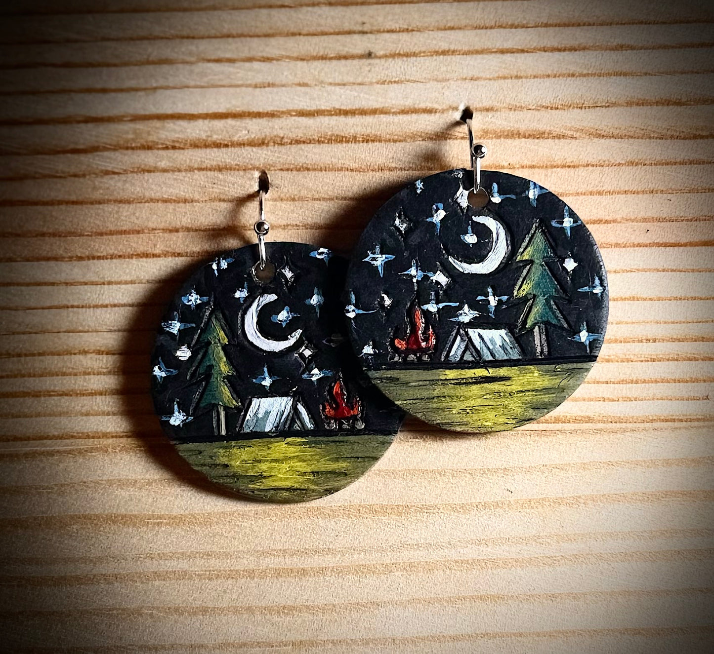 Assorted Nature Inspired Round Wooden Earrings — Hand Burned & Painted — Mountain, Camping, Tulips