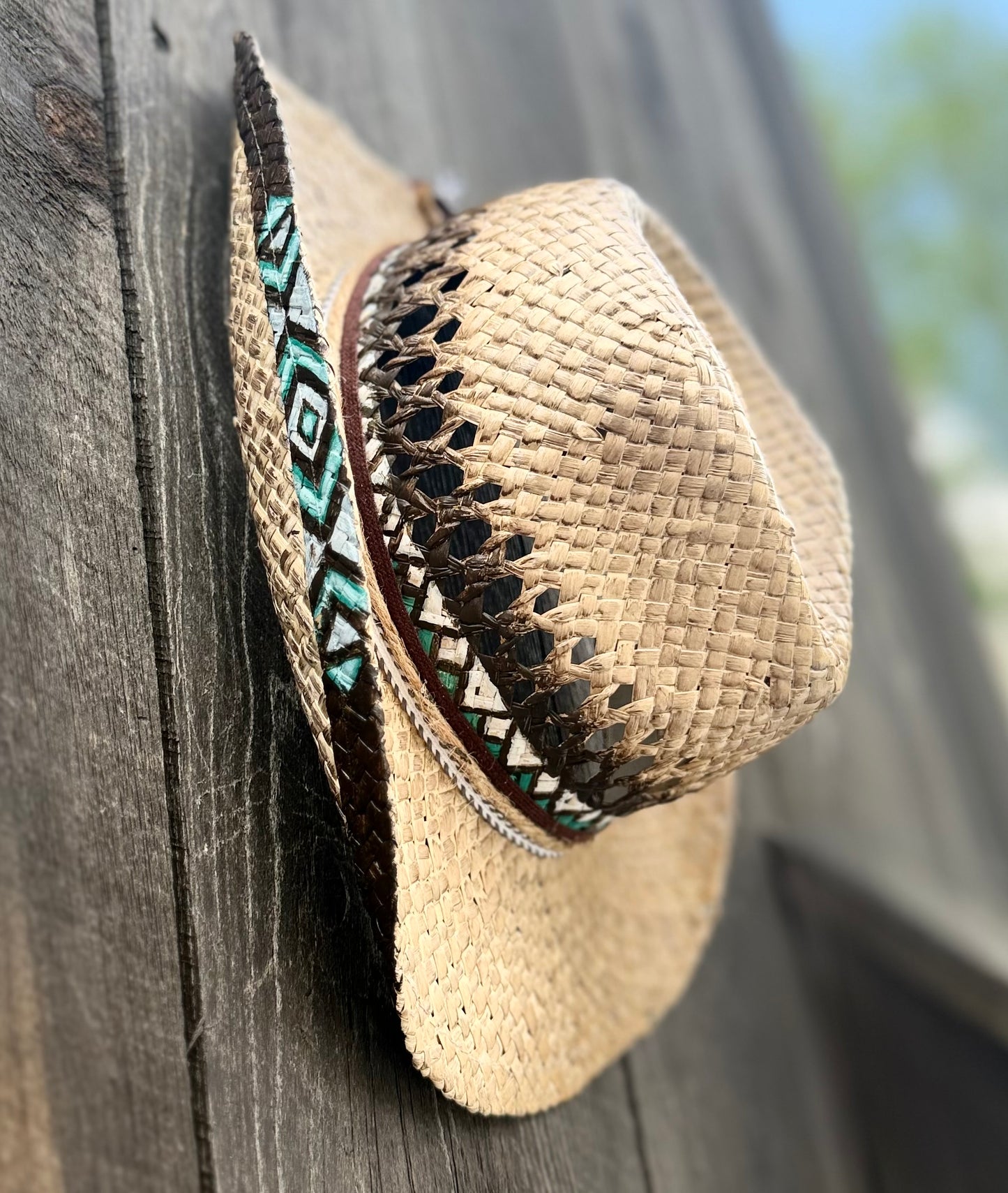 Straw Cowboy Hat | Painted Native Aztec designs | Youth/Sm. Adult