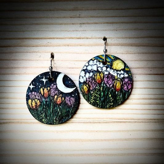 Perfectly Mismatched Pair of Night and Day Round Wooden Earrings | Hand Painted