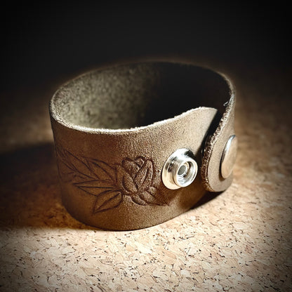 Hand Burned Tulip Leather Cuff Bracelet | 2 snap closures for adjustable fit