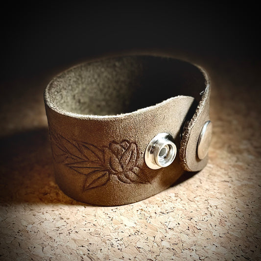 Hand Burned Tulip Leather Cuff Bracelet | 2 snap closures for adjustable fit