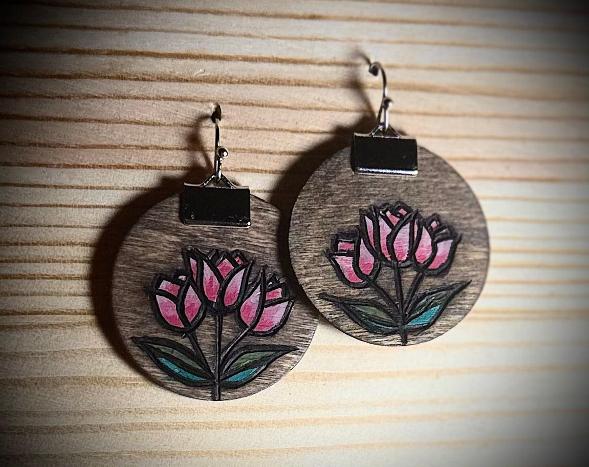 Assorted Nature Inspired Round Wooden Earrings — Hand Burned & Painted — Mountain, Camping, Tulips