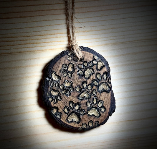 Dog Paws Woodslice Ornament or Gift Tag | Hand Burned & Painted