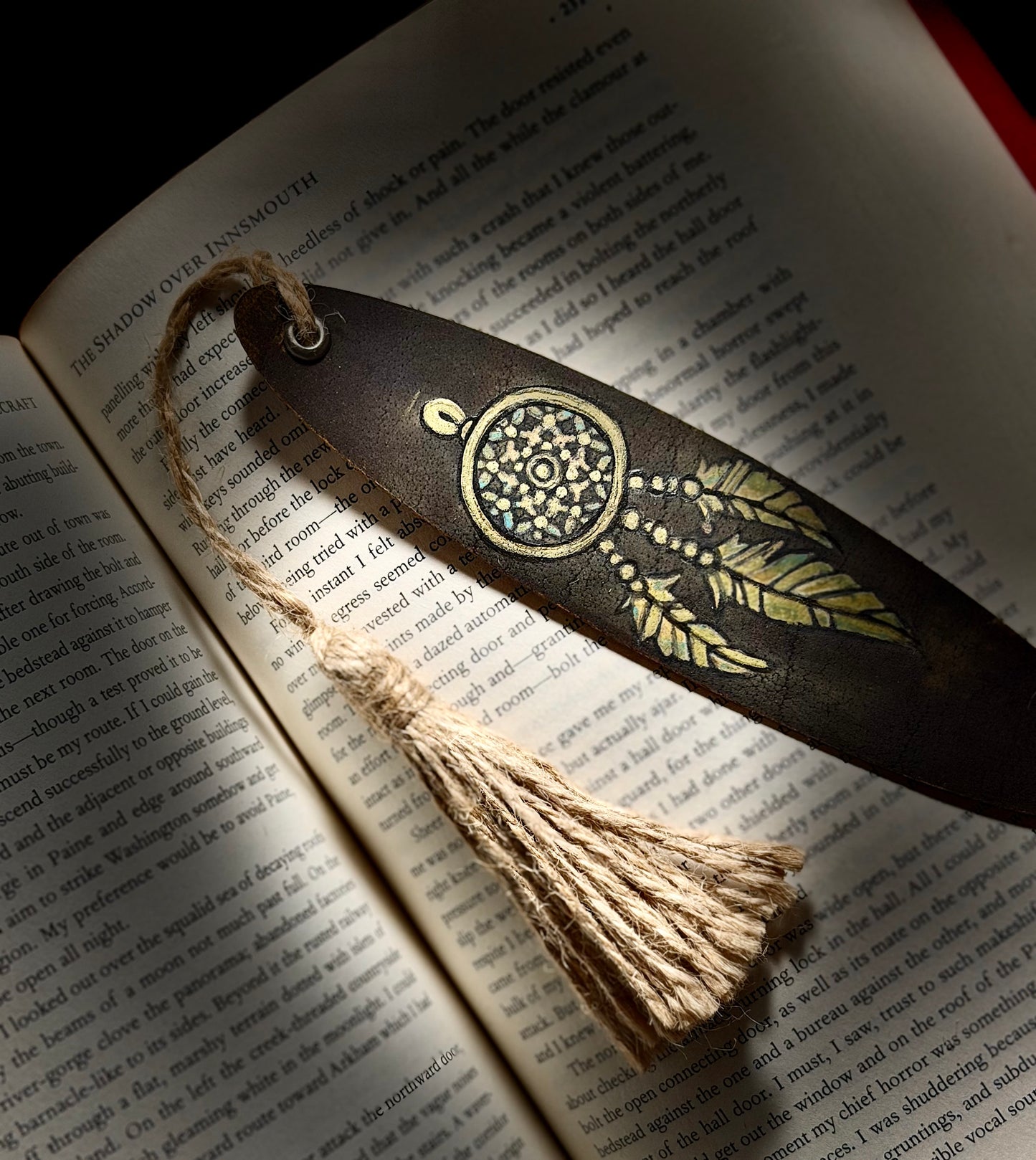 Genuine Leather Oval Bookmark with Dream Catcher design | Hand Cut & Painted