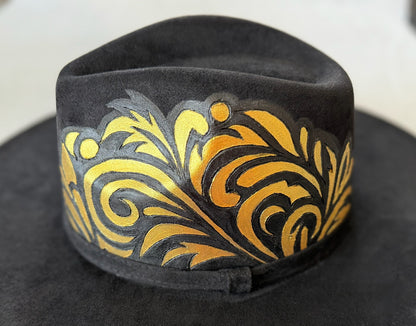 Gold Noir hand-burned & painted hat — Faux Suede — Ember Line