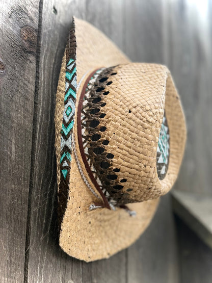 Straw Cowboy Hat | Painted Native Aztec designs | Youth/Sm. Adult
