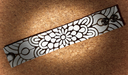 Floral Mandala Painted Leather Cuff Bracelet | Snap Closure
