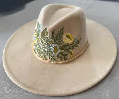 Hand-painted pastel floral hat — Faux Suede — Ember Line