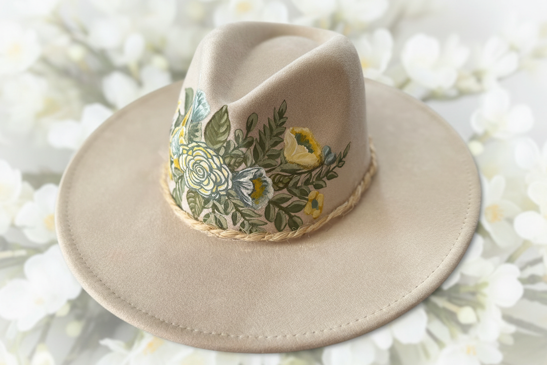 Hand-painted pastel floral hat — Faux Suede — Ember Line