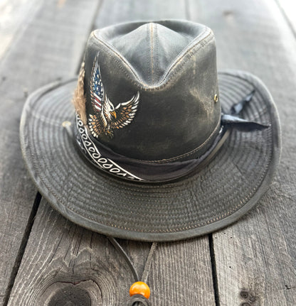 Patriotic Eagle Outback Hat | Hand-Burned & Painted American Flag Eagle | Custom Leather Hat