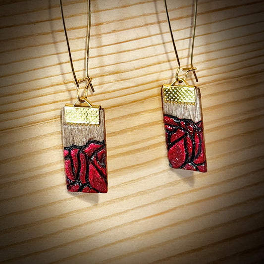 Small Wooden Red Rose and Gold Earrings — Hand Burned & Painted — Long Gold Loop Hooks