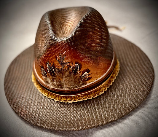 Hand-Painted Straw Fedora with feathers – Boho Style, Medium