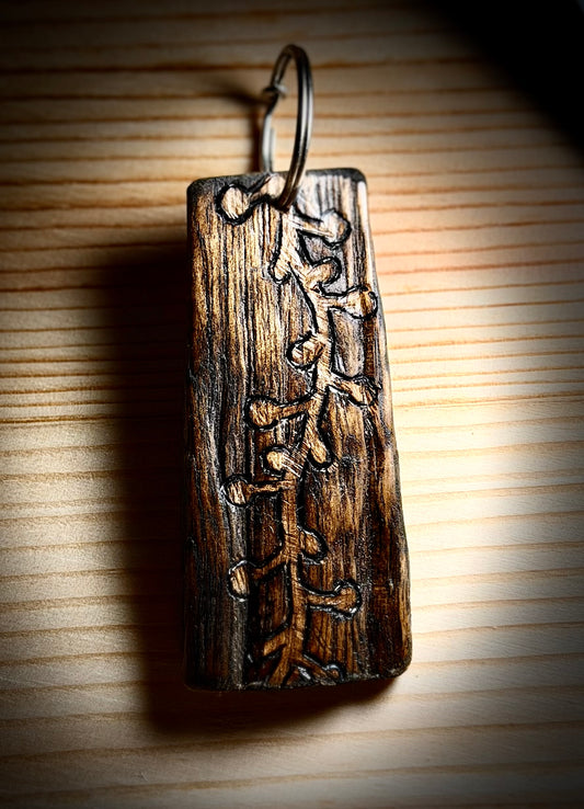 Driftwood Keychain with Hand Burned Budding Vine Design