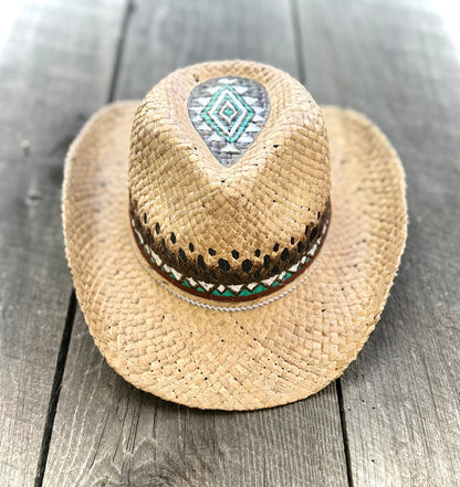 Straw Cowboy Hat | Painted Native Aztec designs | Youth/Sm. Adult