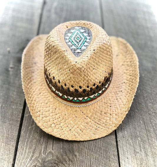 Straw Cowboy Hat | Painted Native Aztec designs | Youth/Sm. Adult