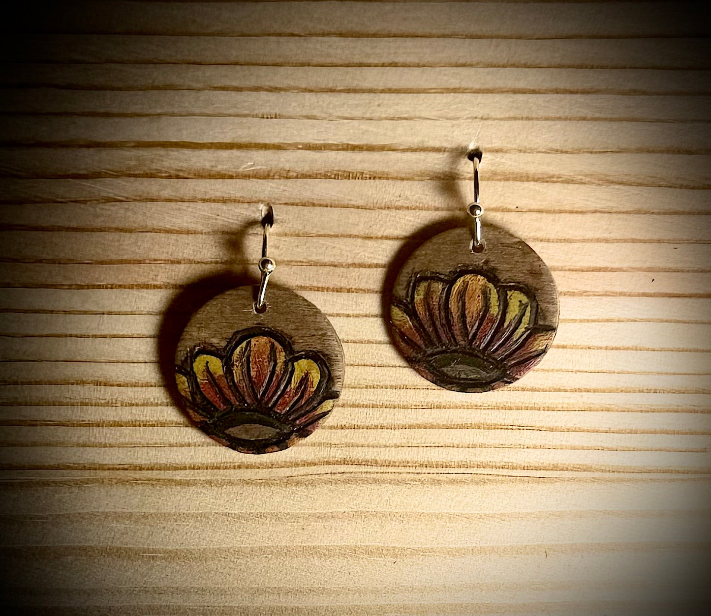 Small Round Wooden Flower Earrings — Hand Burned & Painted — Sunny Colors